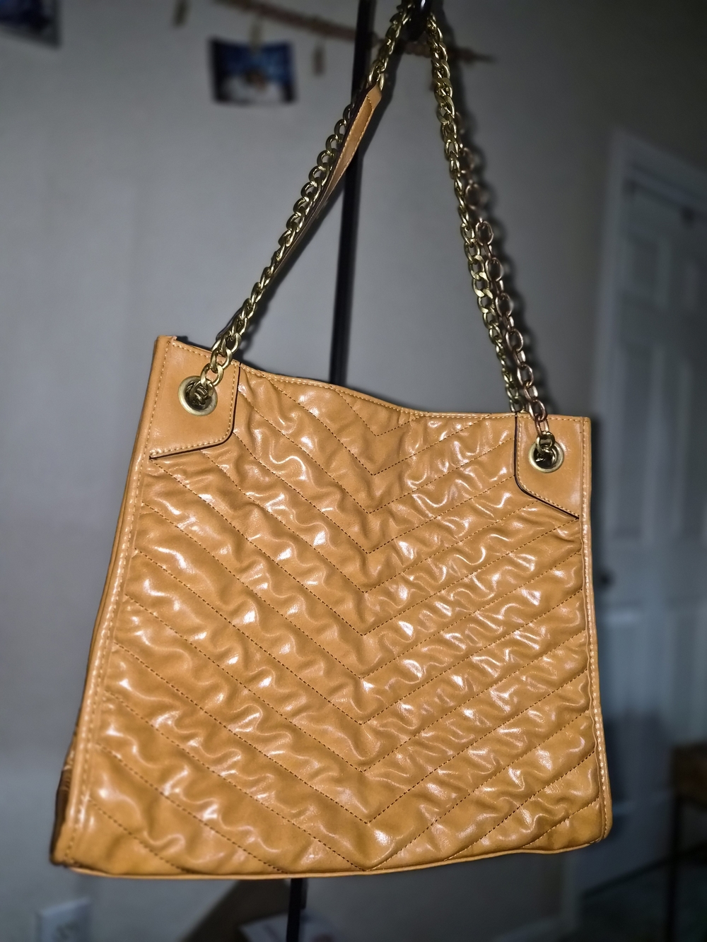 Sondra Roberts Quilted Camel Shoulder Bag with Gold Chain Straps